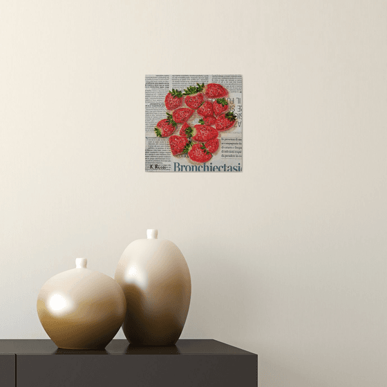 "Strawberries on Newspaper Original Oil on Canvas Board Painting 8 by 8 inches (20x20 cm)