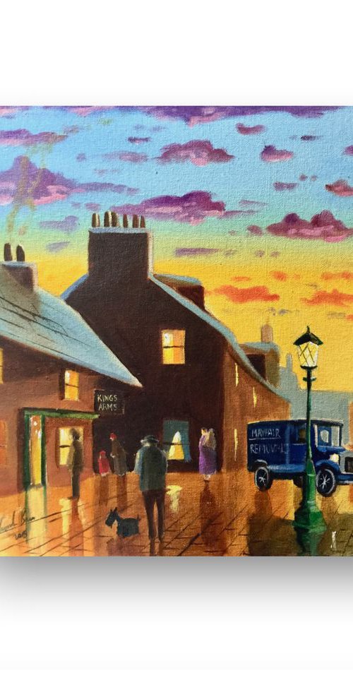 Nostalgic street scene painting "The Kings Arms pub" by Gordon Bruce
