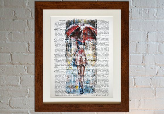 Red Umbrella - Collage Art on Large Real English Dictionary Vintage Book Page