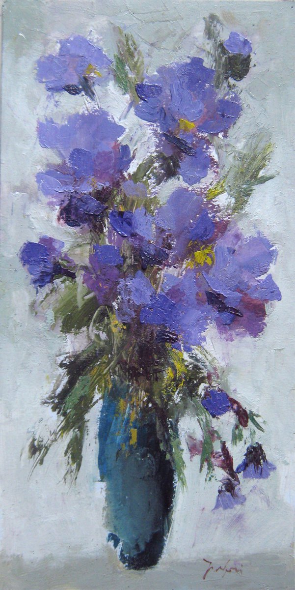 Violet flowers in a blue vase KIP-42 Mato Jurkovic by Mato Jurkovic