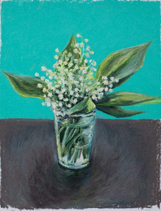 Oil pastel drawing of bouquet of lili of the valley