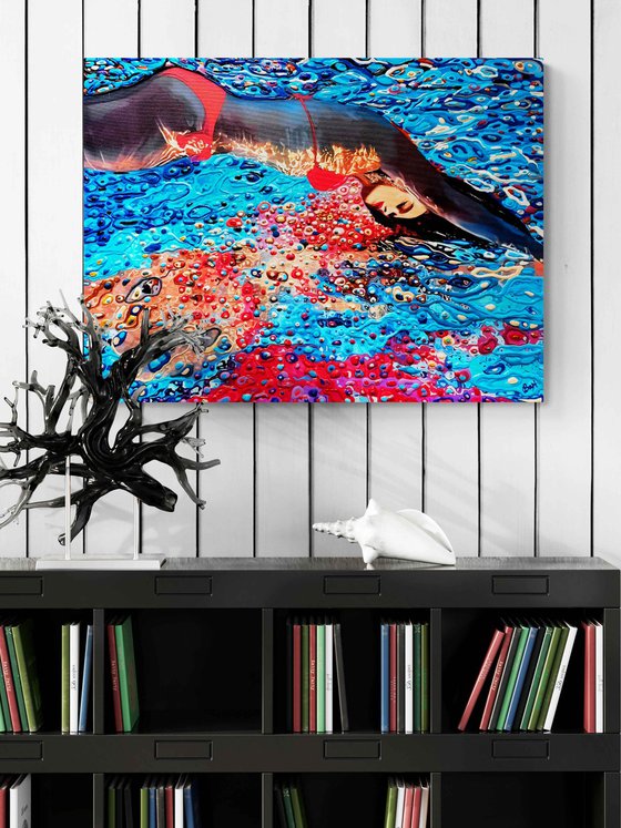 Woman under water in the swimming pool, sea, ocean with blue color waves with bright sun glares. Impressionistic artwork. Original painting wall art home decor. Art Gift