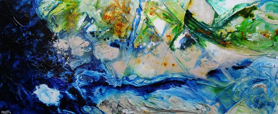 The Natural 240cm x 100cm Green Blue Cream Textured Abstract Art