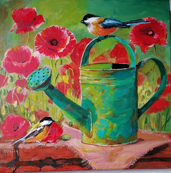 Watering can and birds