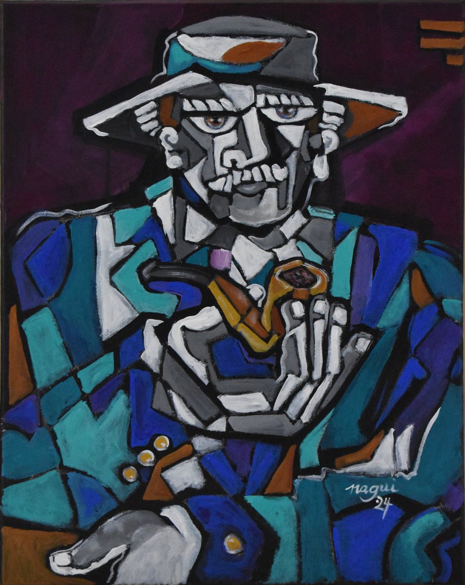 Expressive Portrait Acrylic Painting By Nagui, 16 X 20", Man With Havana Hat, Original Artwork