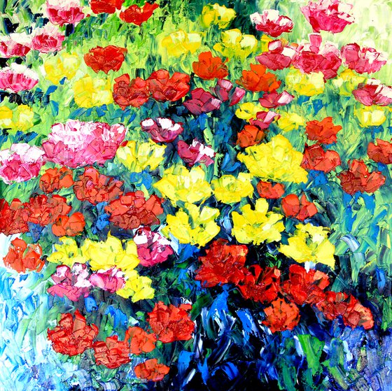 Pink and red and yellow flowers Original oil painting on canvas