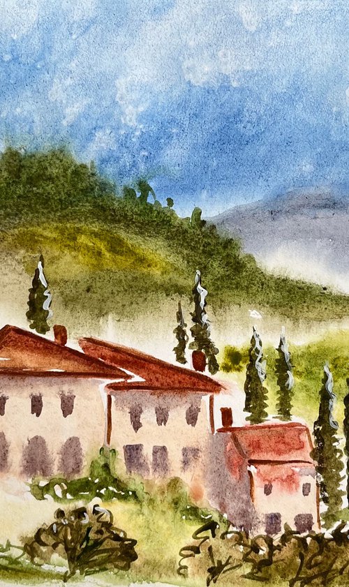 Tuscany Painting Italy Original Art Farm House Watercolor Poplar Tree Artwork Small Landscape Wall Art 12 by 8 inches by Halyna Kirichenko