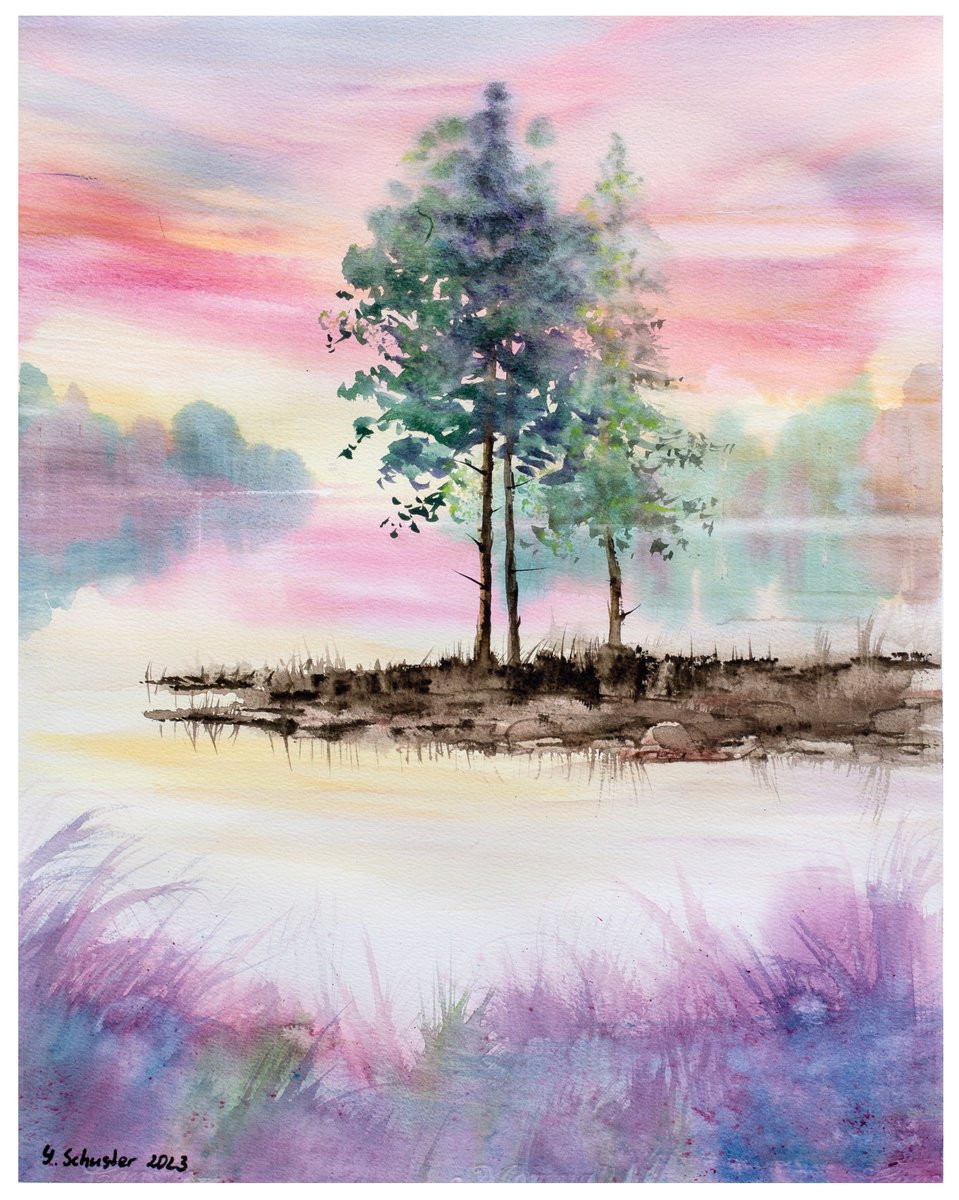 Impressionistic Landscape Watercolour By Yulia Schuster, 16 X 20", Magenta Tranquility, Original Artwork