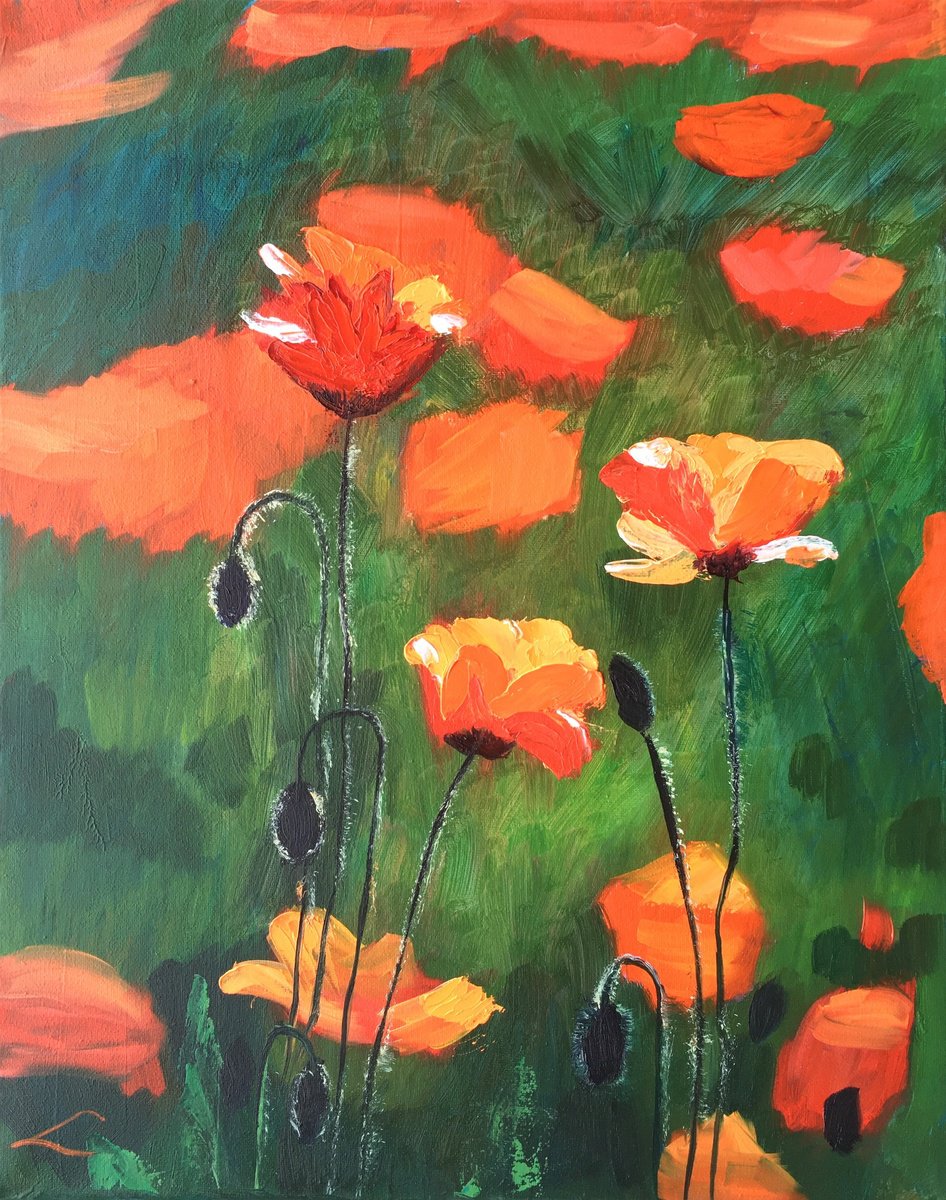 Impressionistic Botanical Oil Painting By Elena Sokolova, 16 X 20, Poppies 6, Original Artwork