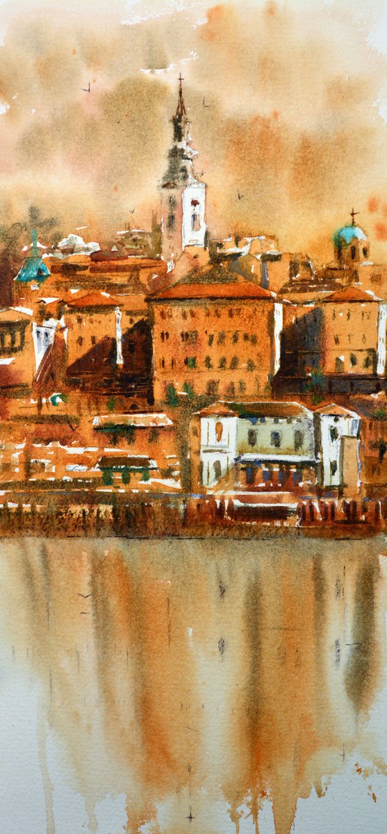 Warm Sava view Belgrade 17x36 cm 2020 by Nenad Kojic watercolorist