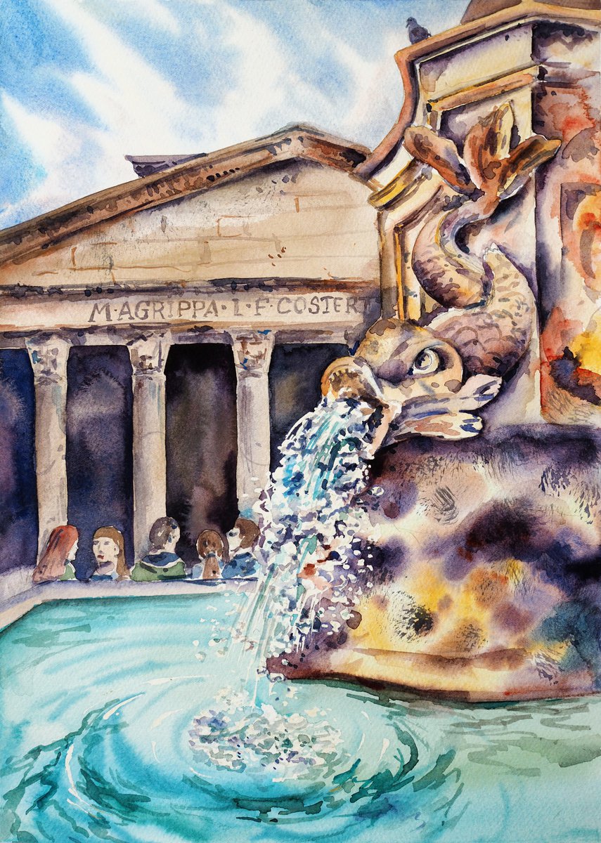 Fountain at the Pantheon - italian cityscape original watercolor by Delnara El