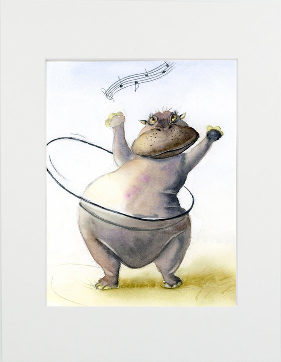 Dancing Hippo (Mounted original watercolor artwork)
