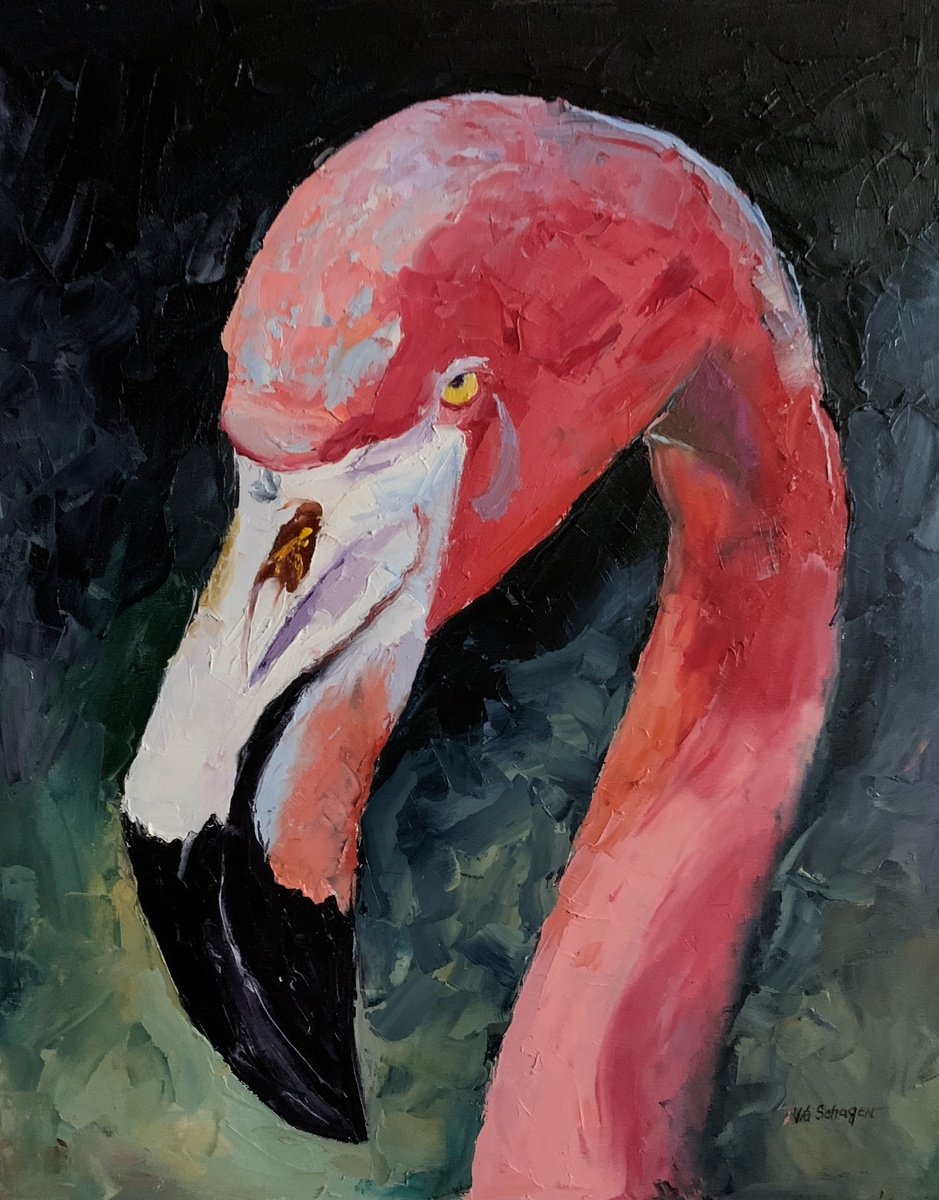 Impressionistic Animal Oil Painting By Vita Schagen, 16 X 20", Flamingo., Original Artwork