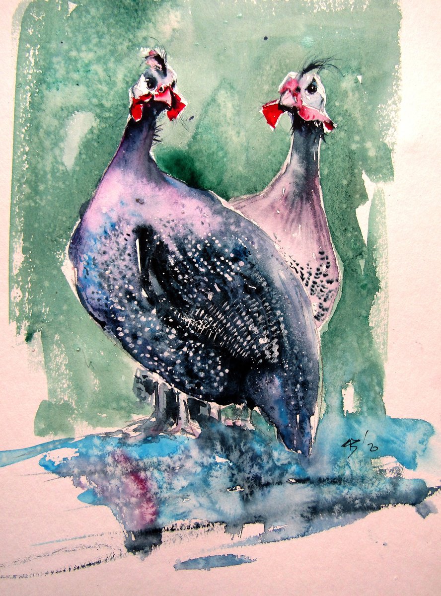 Impressionistic Animal Watercolour By Kovacs Anna Brigitta, 10 X 14", Guinea Fowl, Original Artwork