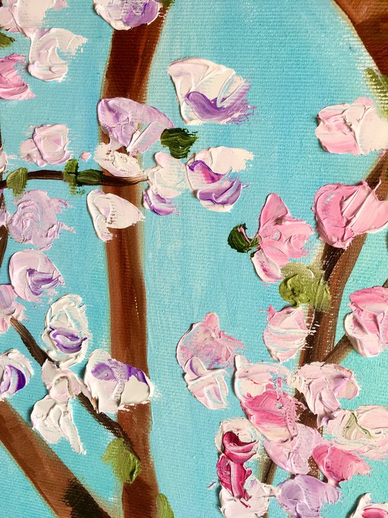 Apple blossom , spring in London white, pink, turquoise 81 x 61 cm  ready to hang oil painting