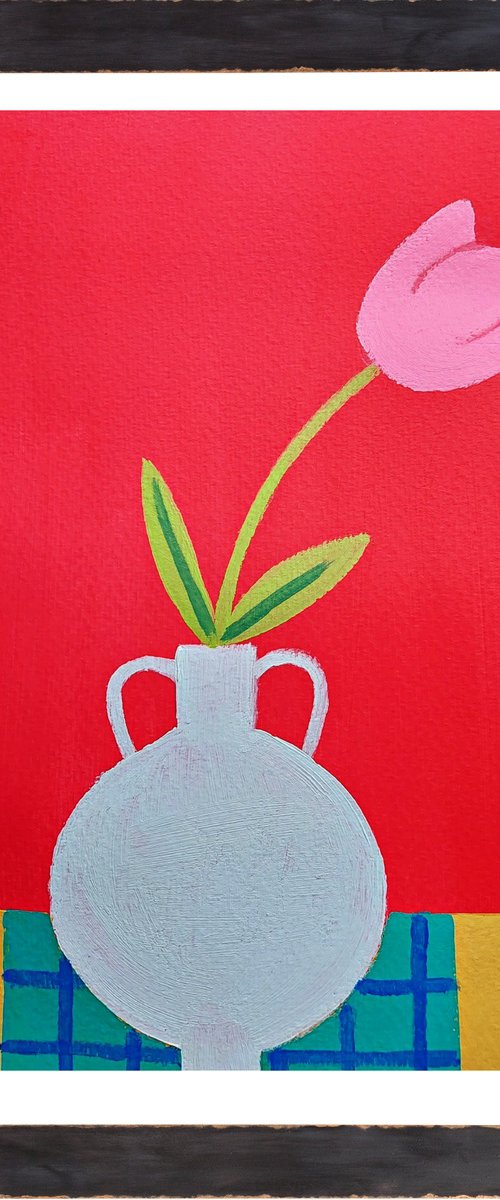 A Single Pink Tulip on Red by Jan Rippingham