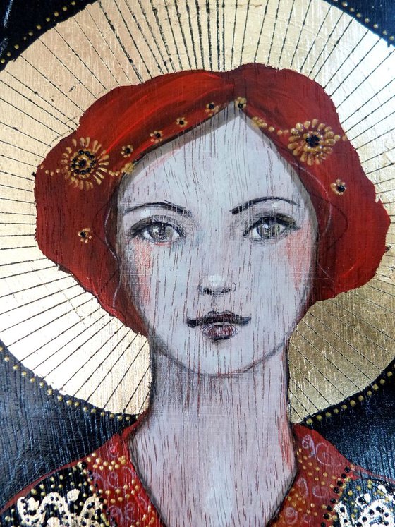 Female redhead icon on wooden panel 20 x 20 cm. "Angela."