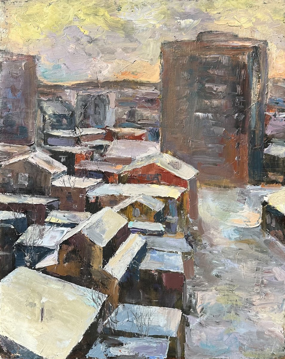 Impressionistic Cityscapes Oil Painting By Kamsar Ohanyan, 16 X 20", Winter Cityscape, Original Artwork