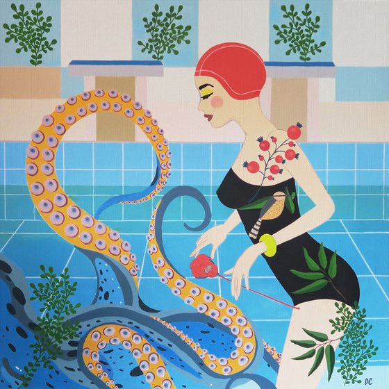 The Girl With Octopus - Tentacles - SeaLife - Swimming pool - Art-Deco - Natatorium, XL LARGE PAINTING