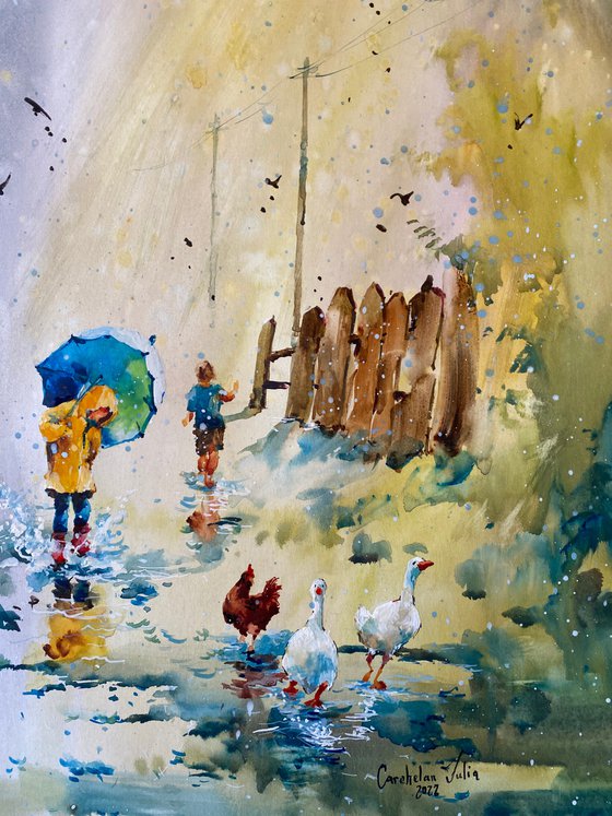 Watercolor "After rain. Childhood joy", perfect gift
