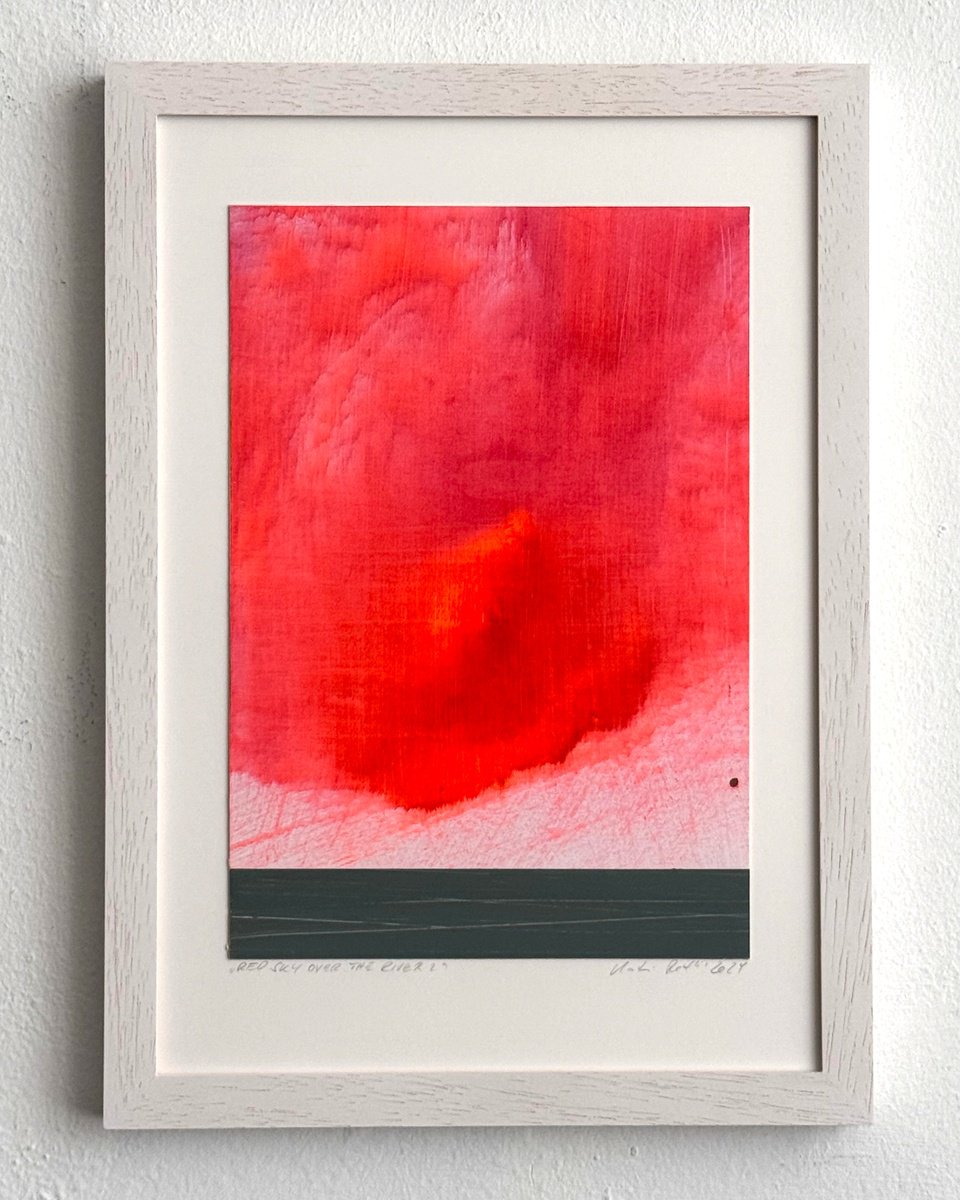 Organic Landscape Acrylic Painting By Katrin Roth, 8 X 12", Red Sky Over The River 2, Original Artwork