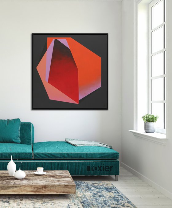 Abstract Painting - Diamond Red Orange Marble - Incl. frame - 95x95cm - Ronald Hunter - 29S