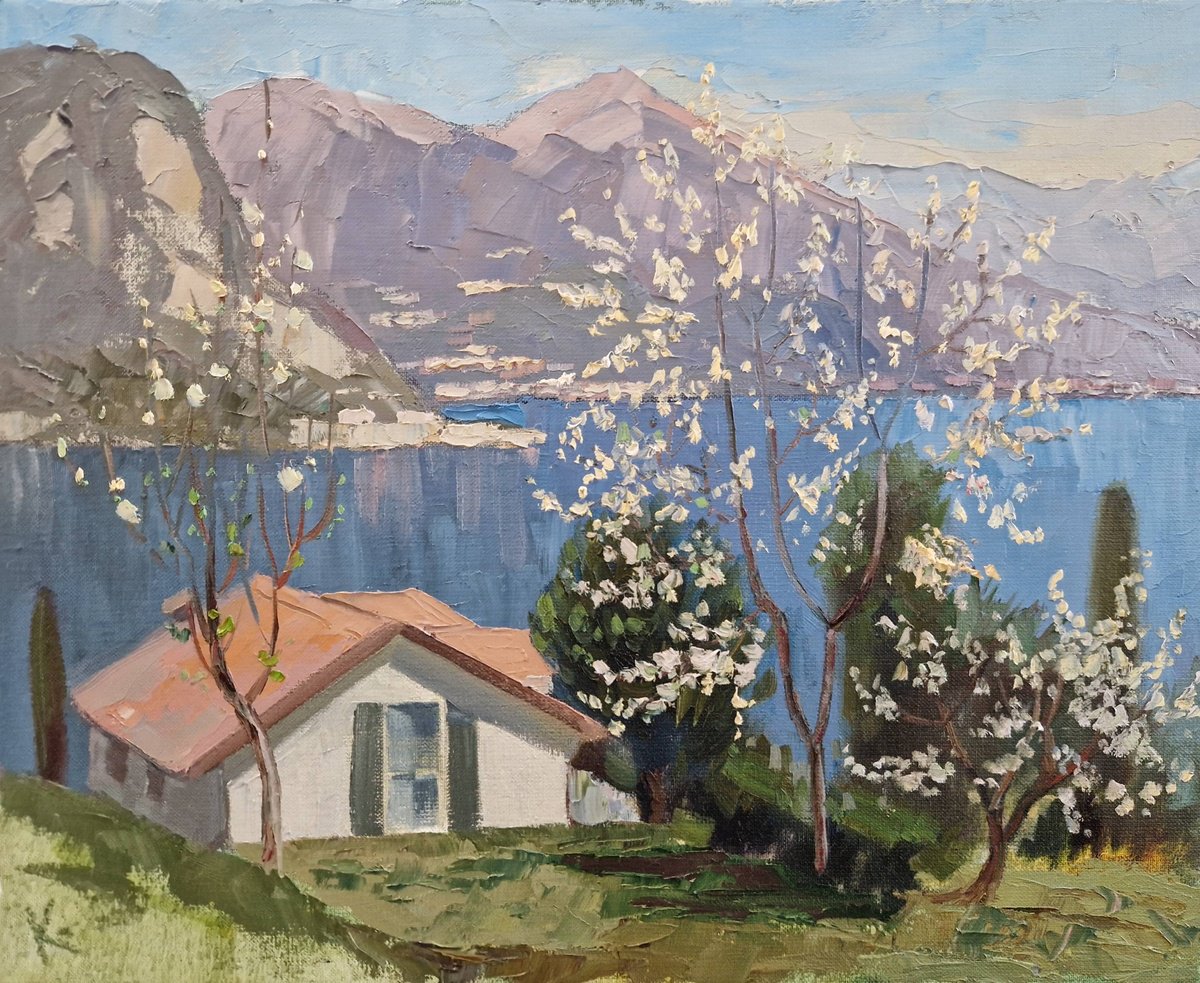 Impressionistic Landscape Oil Painting By Olena Kolotova, 20 X 16", "Spring On Lake Como", Original Artwork