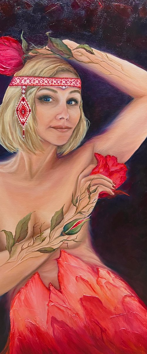 Creation, oil painting, Picture of a girl, beautiful girl, girl in a dress, Portrait of a girl, girl in a red dress, girl with roses, painting with meaning, red painting, girl oil, red dress, girl with a bouquet, girl with long hair, painting about love, lovepicture of a beauty, graceful beauty by Natalie Demina