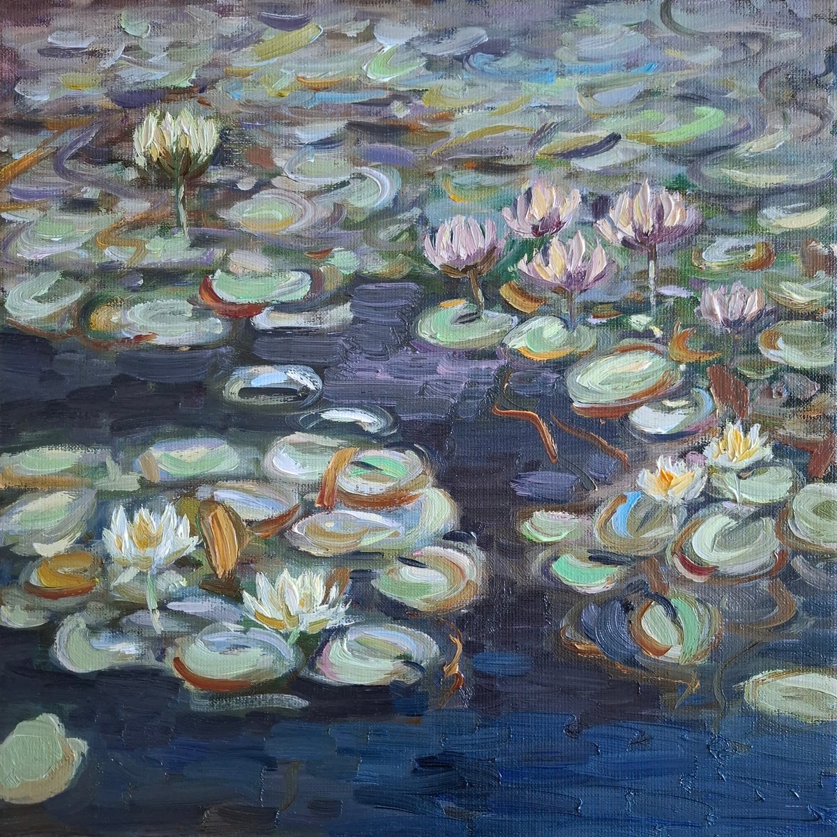 Impressionistic Botanical Oil Painting By Olena Kolotova, 16 X 16", Landscape Water Lilies, Original Artwork
