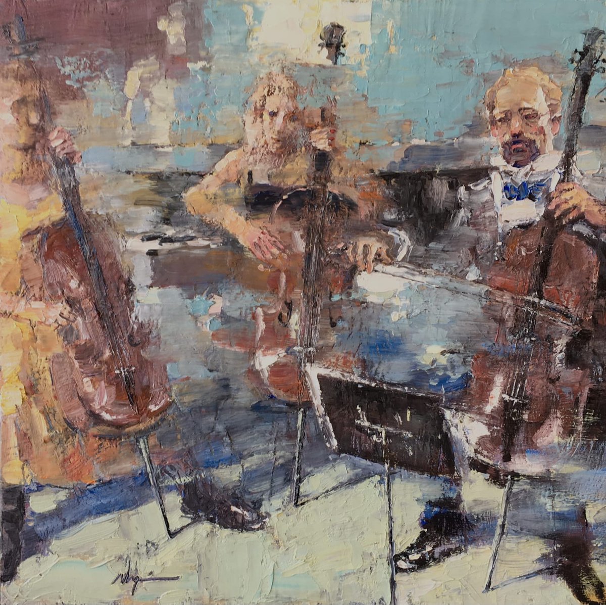 Impressionistic Portrait Oil Painting By Dong Lin Zhang, 16 X 16, Trio, Original Artwork