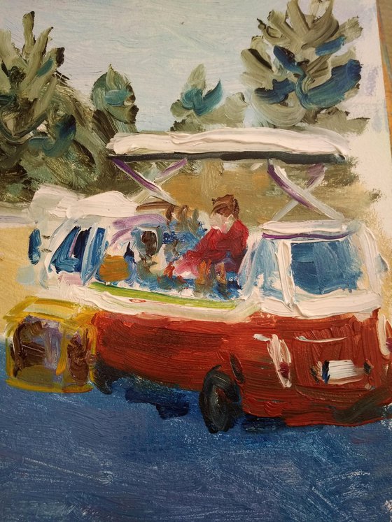 Mobile coffee shop in the retro van. Plein Air Painting