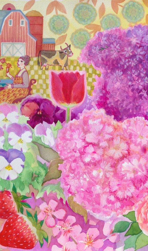Summer Garden with Cat and Red Barn by Oxana Zaika