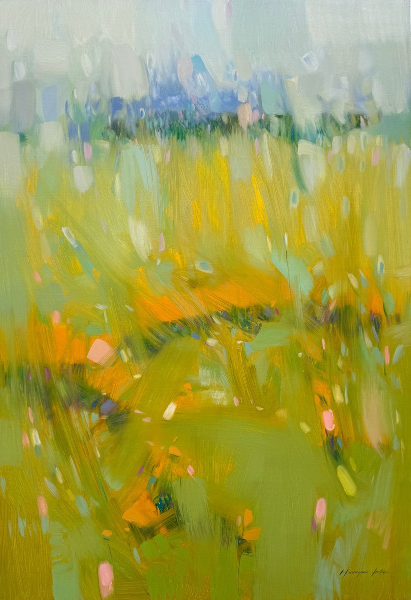 Impressionistic Landscape Oil Painting By Vahe Yeremyan, 30 X 45", Summer Field, Original Artwork
