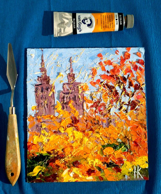 NYC Fall Painting Cityscape Original Art New York Small Oil Artwork Central Park Impasto Pallete Knife Wall Art 7 by 8" by Halyna Kirichenko