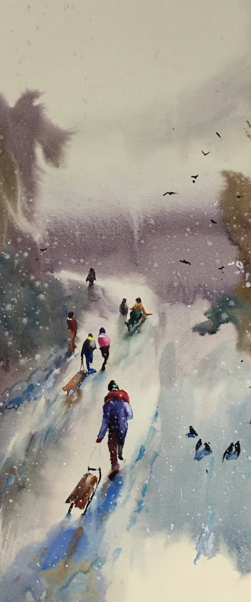 Watercolor “Winter childhood games” perfect gift by Iulia Carchelan