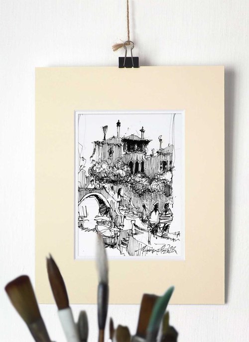 Scene from Venice, Original ink drawing. by Marin Victor