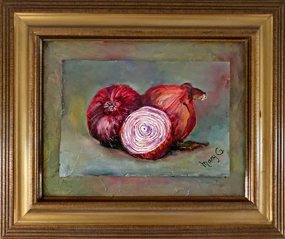 One of a Onion Still Life Oil Painting on gessoed masonite Matted Framed