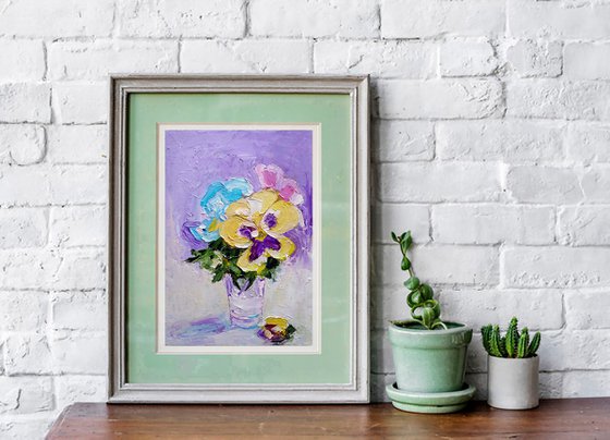 The bouquet of pansies, Bouquet of Violets Painting Original Art Small Flower Artwork Floral Wall Art