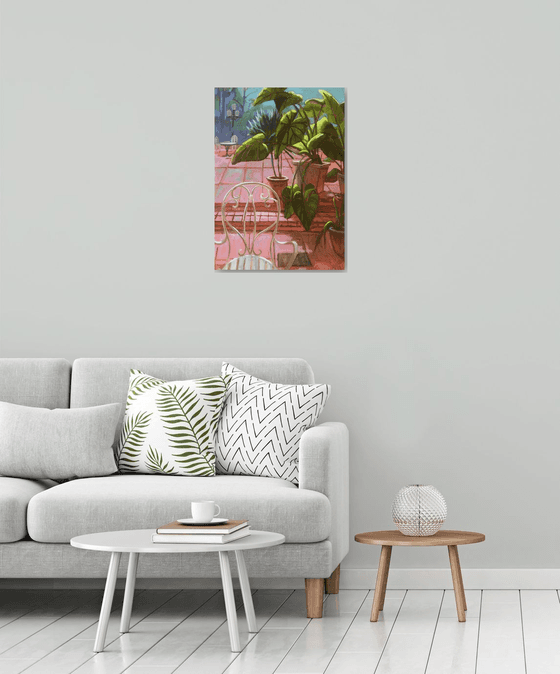 Palm leaves, pink floor
