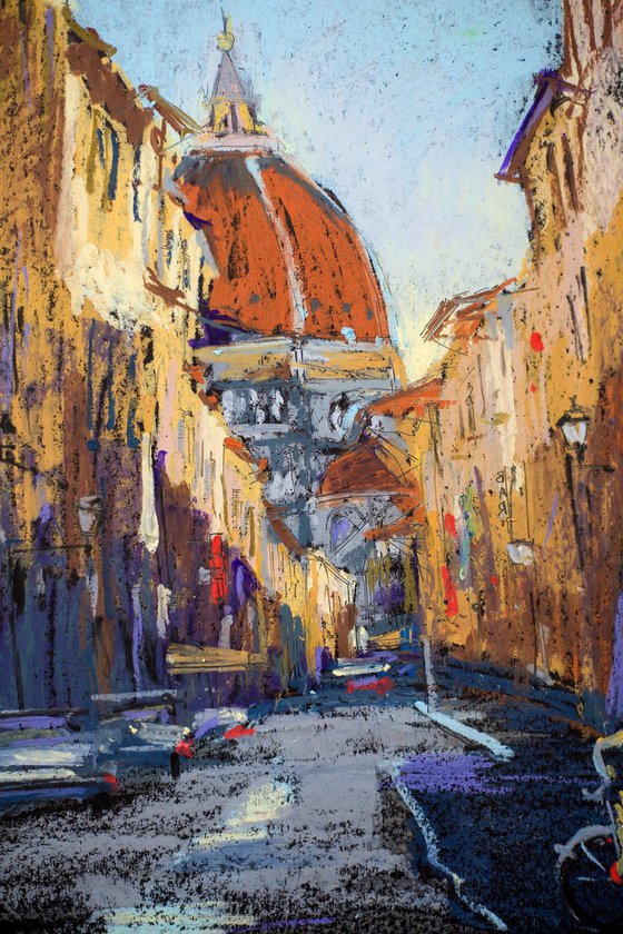 Florence in dawn. View of Duomo cathedral and colorful street. Small oil pastel drawing bright colors italy