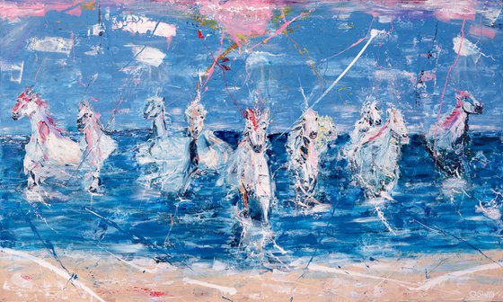 Horse painting - Wild horses on the beach - Large art 120x200 cm| 47.24"x78.74"  by Oswin Gesselli