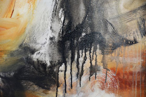 A modern tale of Genji - 72"x60" (183 cm x 152 cm) - grey, yellow, orange and black paiting