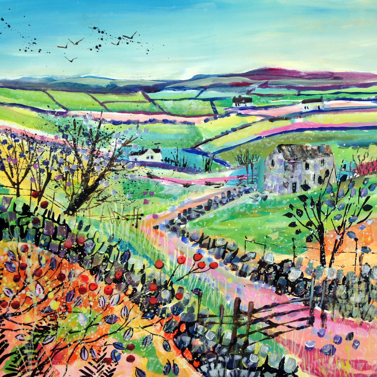 Expressive Landscape Acrylic Painting By Julia Rigby, 16 X 16", Dales Barn With Berries, Original Artwork