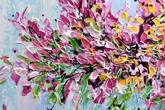 Cherry Blossom - Abstract Floral Painting on Canvas, Heavy Textured Palette Knife Art