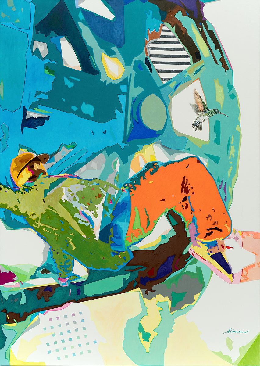 Expressive Portrait Acrylic Painting By Uwe Fehrmann, 39 X 55", Roll Backwards, Original Artwork