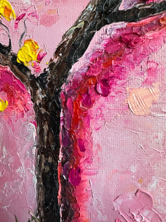 Pink Wall and Blossoming Tree