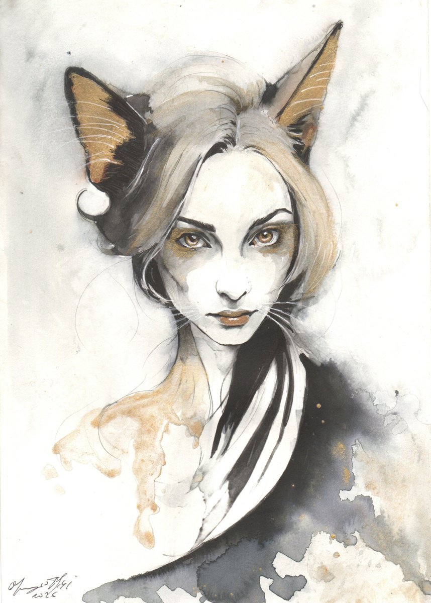 Surrealistic Portrait Ink Drawing By Maurizio Puglisi, 8 X 11", Fox, Original Artwork