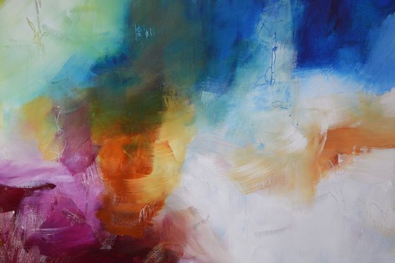 Island sonata, 40"x60" (101 cm x 152 cm), red magenta and blue large abstract triptych
