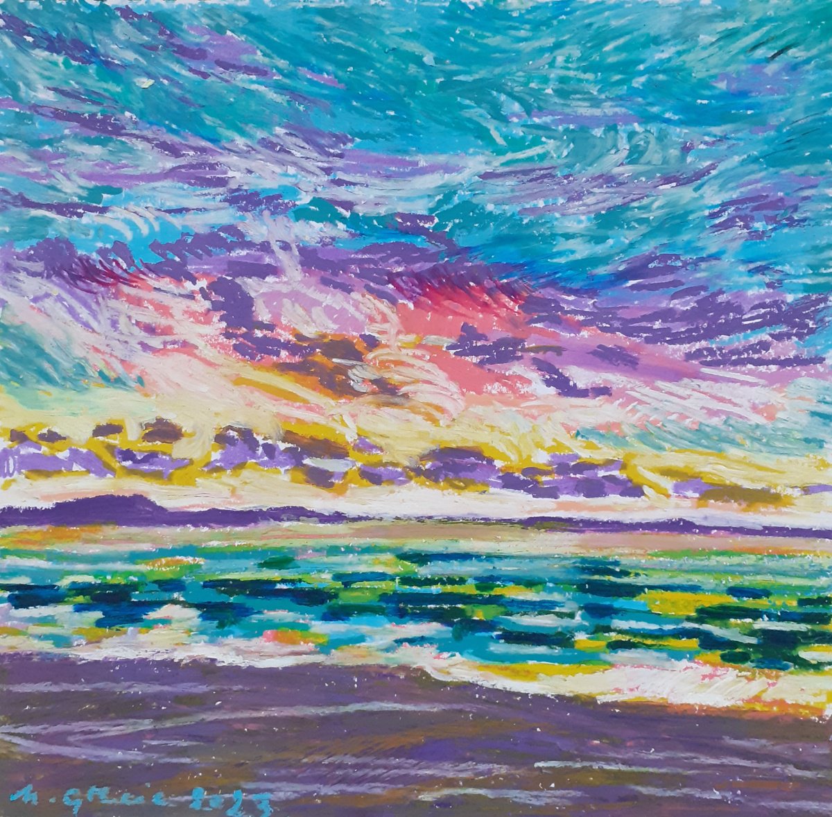 Impressionistic Landscape Pastel Drawing By Maja Grecic, 12 X 12", High Tide With Purple Clouds, Original Artwork