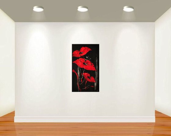 Red Poppies - abstract acrylic painting  canvas wall art black red silver flower painting ready to hang
